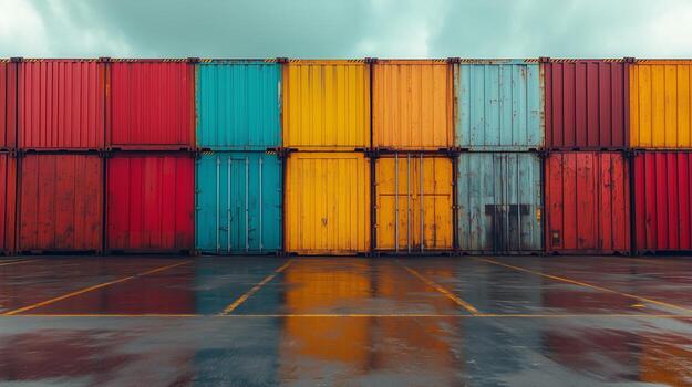 Colorful shipping containers stacked in a storage lot